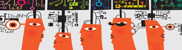 Cartoon of five orange heads with microchip like lines extending from their brains.