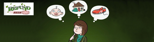 A woman contimplating what to spend her refund on, her baby, her house, or other necessities.