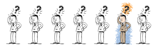 Identical cartoon men looking confused, all are in black and white except one.