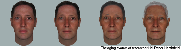 Computer generated projections of a man as he ages.