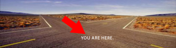 A four way intersection in the desert with a red arrow labeled "You are here."