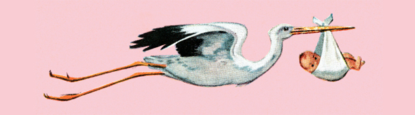 A stork carrying a baby flies in front of a pink background.