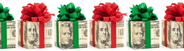 A number of presents wrapped in dollar bill style paper.
