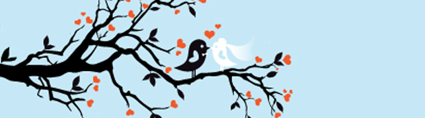 Two cartoon birds, one black, one white, sitting on a branch.