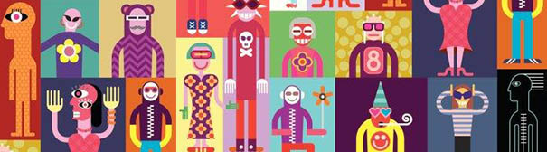 header with cartoon people