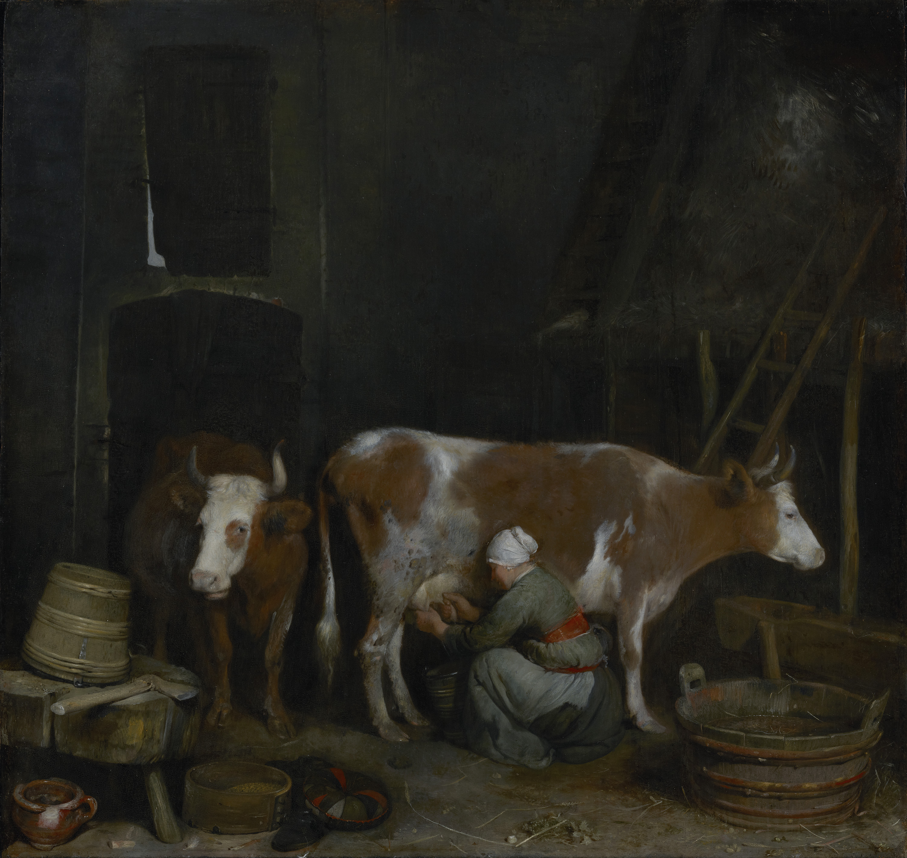A Maid Milking a Cow in a Barn