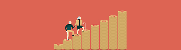 Seniors climbing coin stacks